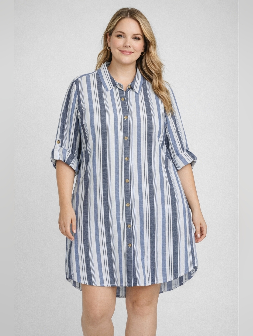 Coastal Striped Shirt Dress 1X Blue White Beachy Button Down Breezy Casual Chic - Picture 8 of 8